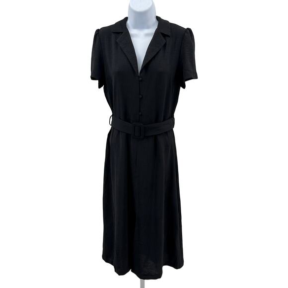 Monteau Midi Shirt Dress Womens L Black Belted Button Up Collared Short Sleeves - Picture 1 of 10